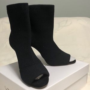 Inc Black, pull-on, open toed, knit heeled boot